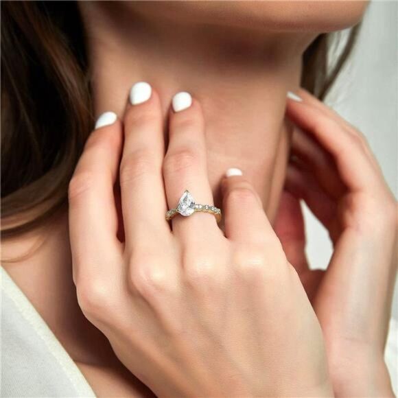 Gold Cubic Zirconia Ring 1.5CT Diamond Teardrop Engagement Ring Pear Shape Size6 - Picture 7 of 8